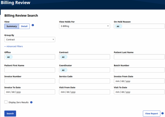 The Billing Review Search filters include viewing summary or detail, office, contract, and patient-related fields.